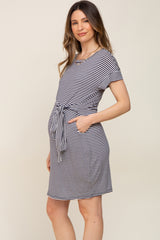 Navy Striped Tie Front Maternity Dress