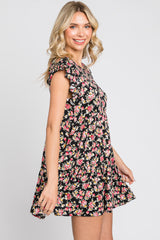 Black Floral Ruffle Accent Mini Dress