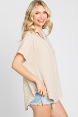 Beige Collared Short Sleeve Top