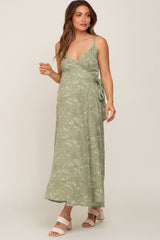 Light Olive Floral Sleeveless Maternity Wrap Maxi Dress