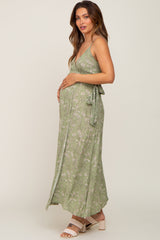 Light Olive Floral Sleeveless Maternity Wrap Maxi Dress