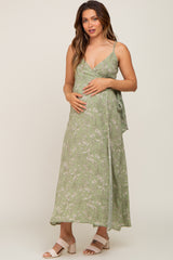 Light Olive Floral Sleeveless Maternity Wrap Maxi Dress