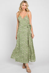 Light Olive Floral Sleeveless Wrap Maxi Dress