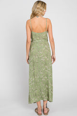 Light Olive Floral Sleeveless Wrap Maxi Dress