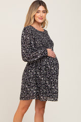 Black Floral Smocked Long Sleeve Maternity Dress