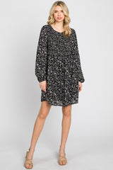 Black Floral Smocked Long Sleeve Dress