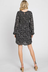 Black Floral Smocked Long Sleeve Dress