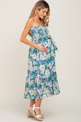 Blue Floral Smocked Strapless Maternity Midi Dress