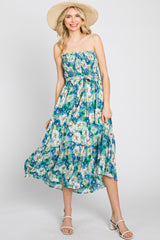 Blue Floral Smocked Strapless Midi Dress