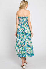 Blue Floral Smocked Strapless Midi Dress