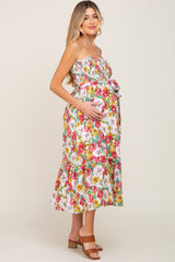 White Floral Strapless Smocked Maternity Midi Dress