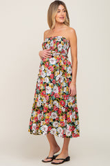 Black Floral Smocked Strapless Maternity Midi Dress