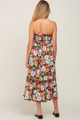 Black Floral Smocked Strapless Maternity Midi Dress