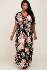 Black Floral Deep V-Neck Plus Maxi Dress