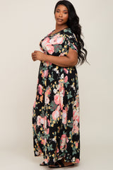 Black Floral Deep V-Neck Plus Maxi Dress