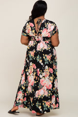 Black Floral Deep V-Neck Plus Maxi Dress