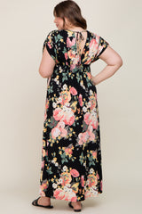 Black Floral Deep V-Neck Maternity Plus Maxi Dress