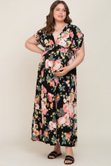 Black Floral Deep V-Neck Maternity Plus Maxi Dress