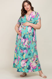 Aqua Floral Deep V-Neck Maternity Plus Maxi Dress