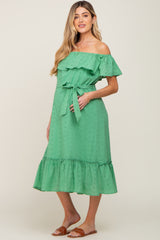 Green Eyelet Embroidered Ruffle Off Shoulder Maternity Midi Dress