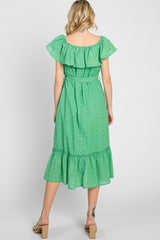 Green Eyelet Embroidered Ruffle Off Shoulder Midi Dress