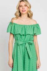 Green Eyelet Embroidered Ruffle Off Shoulder Midi Dress