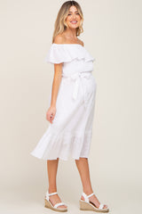 White Eyelet Embroidered Ruffle Off Shoulder Maternity Midi Dress