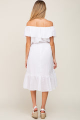 White Eyelet Embroidered Ruffle Off Shoulder Maternity Midi Dress