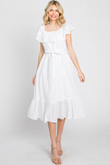 White Eyelet Embroidered Ruffle Off Shoulder Midi Dress