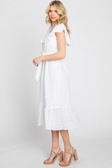 White Eyelet Embroidered Ruffle Off Shoulder Midi Dress