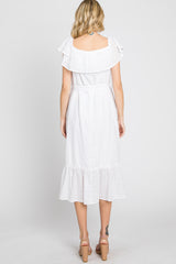 White Eyelet Embroidered Ruffle Off Shoulder Midi Dress