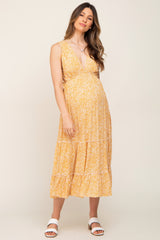 Yellow Deep V Lace-Up Side Tiered Maternity Midi Dress