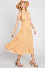 Yellow Deep V Lace-Up Side Tiered Midi Dress