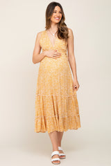 Yellow Deep V Lace-Up Side Tiered Maternity Midi Dress