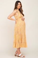 Yellow Deep V Lace-Up Side Tiered Maternity Midi Dress