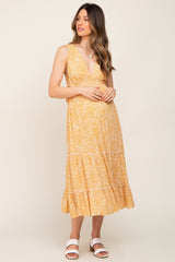 Yellow Deep V Lace-Up Side Tiered Maternity Midi Dress