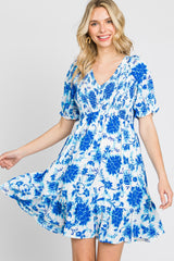 Blue Floral Smocked Puff Sleeve Maternity Dress