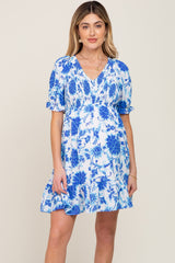 Blue Floral Smocked Puff Sleeve Maternity Dress