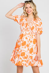 Orange Floral Smocked Puff Sleeve Dress