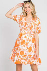 Orange Floral Smocked Puff Sleeve Dress