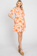 Orange Floral Smocked Puff Sleeve Dress