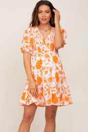 Orange Floral Smocked Puff Sleeve Maternity Dress