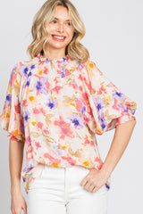 Coral Floral Smocked Mock Neck Top