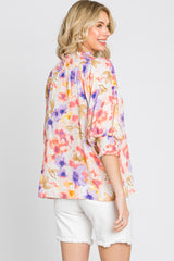 Coral Floral Smocked Mock Neck Top