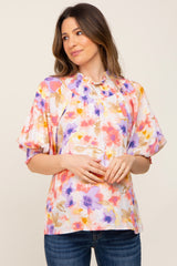 Coral Floral Smocked Mock Neck Maternity Top