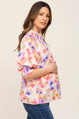 Coral Floral Smocked Mock Neck Maternity Top