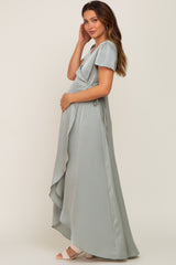 Sage Satin Hi-Lo Maternity Maxi Wrap Dress