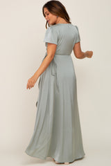 Sage Satin Hi-Lo Maternity Maxi Wrap Dress