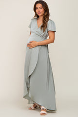 Sage Satin Hi-Lo Maternity Maxi Wrap Dress