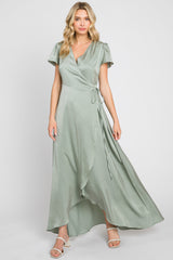 Sage Satin Hi-Lo Maternity Maxi Wrap Dress